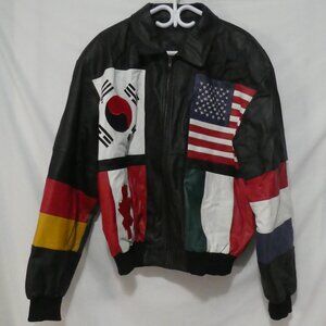 Vintage | Men’s Black Leather International Flag Bomber Jacket | xxl